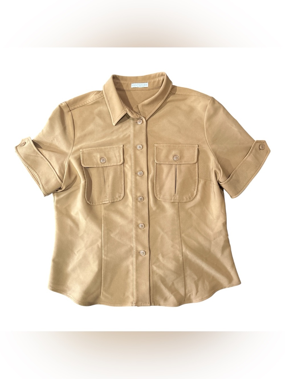 Eva Mendes NY&C Tan Short Sleeve Button Front Pocket Shirt sz 22” pit